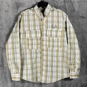 Realtree Fishing Shirt Mens Small Beige White Plaid Vented Long Sleeve Outdoor